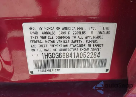2001 Honda Accord 2.3 Ex z USA, uszkodzony, nr VIN 1HGCG66841A052284